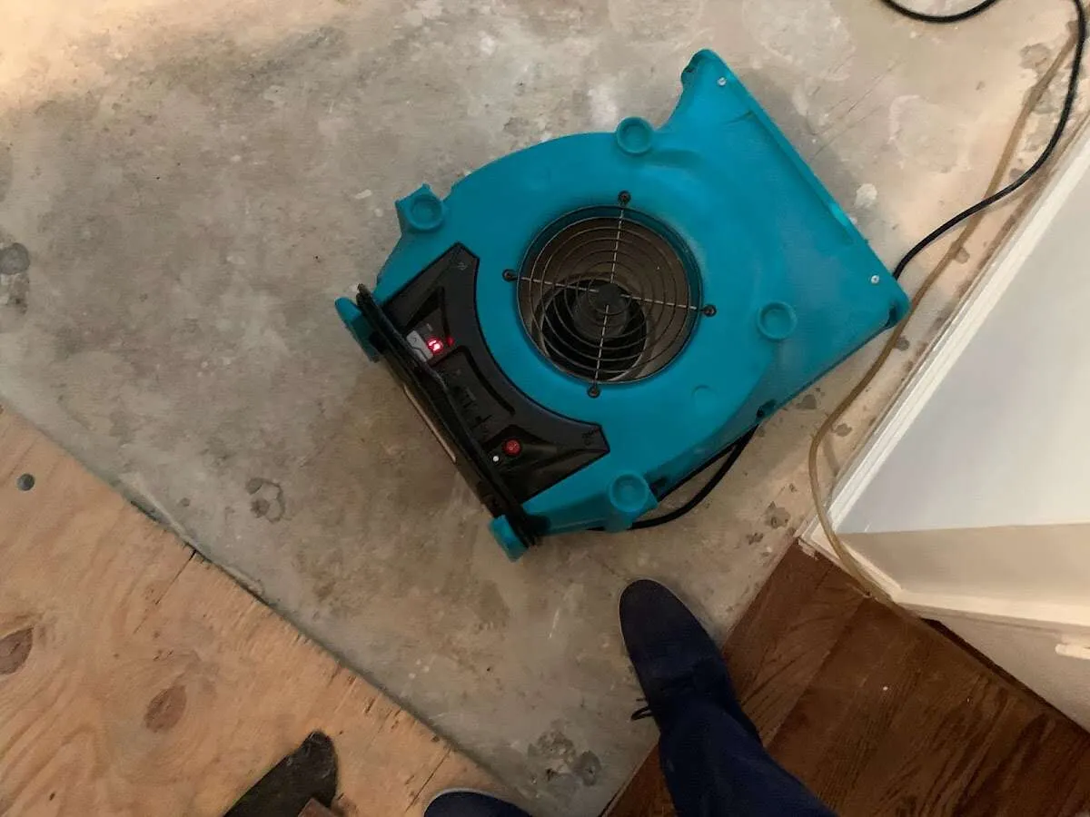 Air mover drying subfloor during Commercial Water Damage Restoration in Sodus